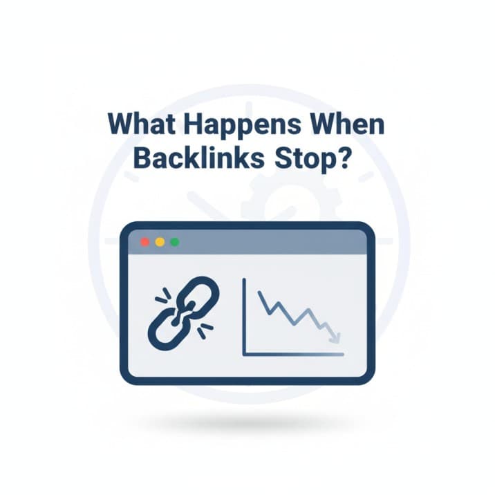 What Happens When Backlinks Stop? — vector illustration of a browser window with a broken link icon, a downward-trending chart, and a faint clock suggesting time decay.