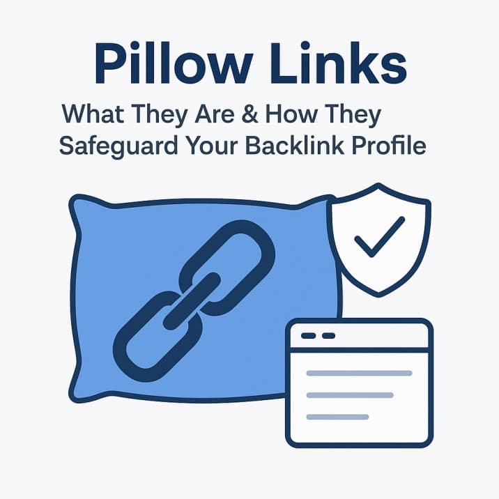 Illustration explaining pillow links, showing a chain link icon on a soft blue pillow next to a website interface and a shield with a checkmark, representing how these links safeguard a backlink profile.