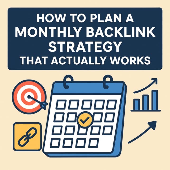 Infographic showing how to plan a monthly backlink strategy. Includes an icon of a calendar with a checkmark, an upward trending growth chart, a target, and a backlink chain icon.