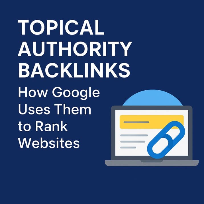 Topical Authority Backlinks graphic showing a laptop with a blue link icon, explaining how Google uses them to rank websites.