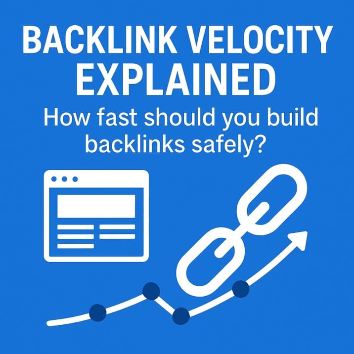 Blue square graphic with the title 'Backlink Velocity Explained' and subtitle 'How fast should you build backlinks safely?', featuring icons of a webpage, chain link, and upward arrow representing backlink growth.