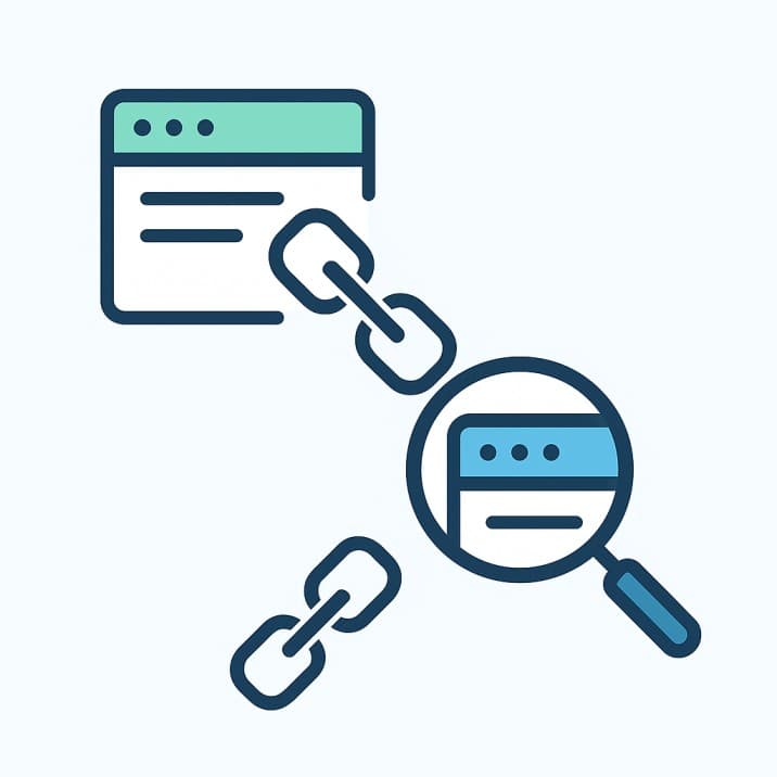Illustration showing link gap analysis with two website icons connected by chains, one missing a link, and a magnifying glass symbolizing SEO analysis in blue and green tones.