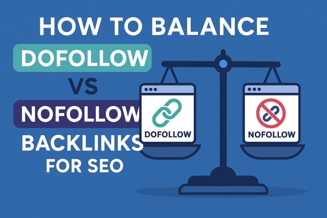 Illustration showing a weighing scale, in left there's an image of Dofollow and in right there's an image of no follow. Along with that, there's a big heading mentioned " Dofollow Vs Nofollow Backlinks For SEO".