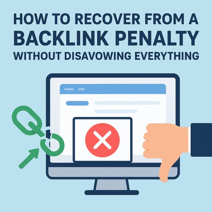 SEO illustration showing how to recover from a backlink penalty without disavowing every link.