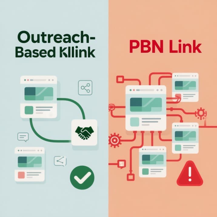 An illustration contrasting a genuine Outreach-Based Link with a PBN Link.