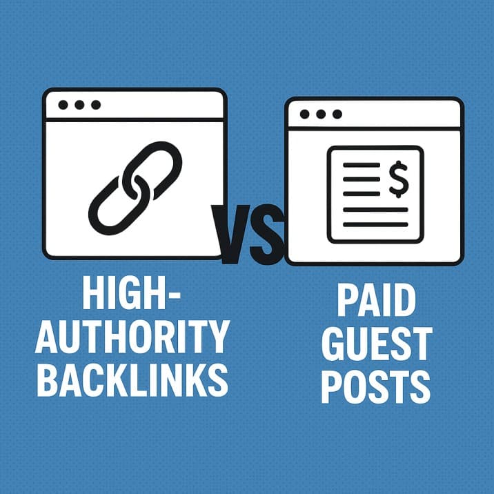 A graphic comparing high-authority backlinks versus paid guest posts. On the left, an icon of a chain link represents "High-Authority Backlinks." On the right, an icon of a document with a dollar sign represents "Paid Guest Posts."