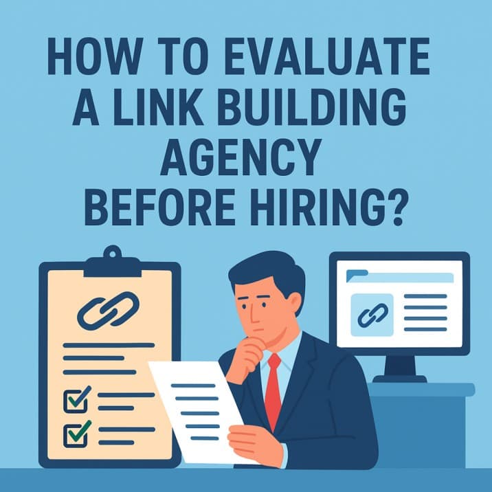 A man in a suit reviewing a document, with a clipboard showing a link icon and checkmarks nearby, next to a computer screen. The image's text asks, "HOW TO EVALUATE A LINK BUILDING AGENCY BEFORE HIRING?"