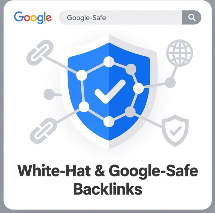 Blue shield graphic with a checkmark, connected to link and globe icons, emphasizing "White-Hat & Google-Safe Backlinks."